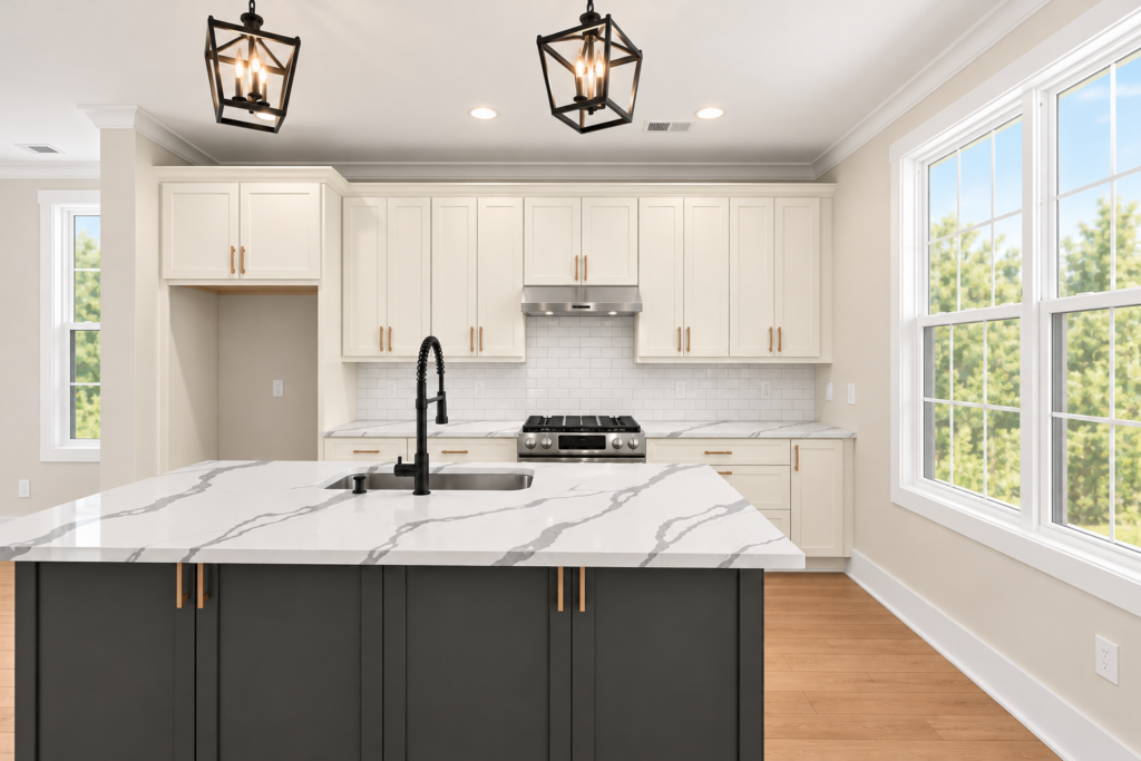 White kitchen with charcoal island and brass hardware