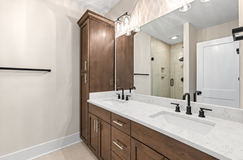 Bath with warm wood vanity