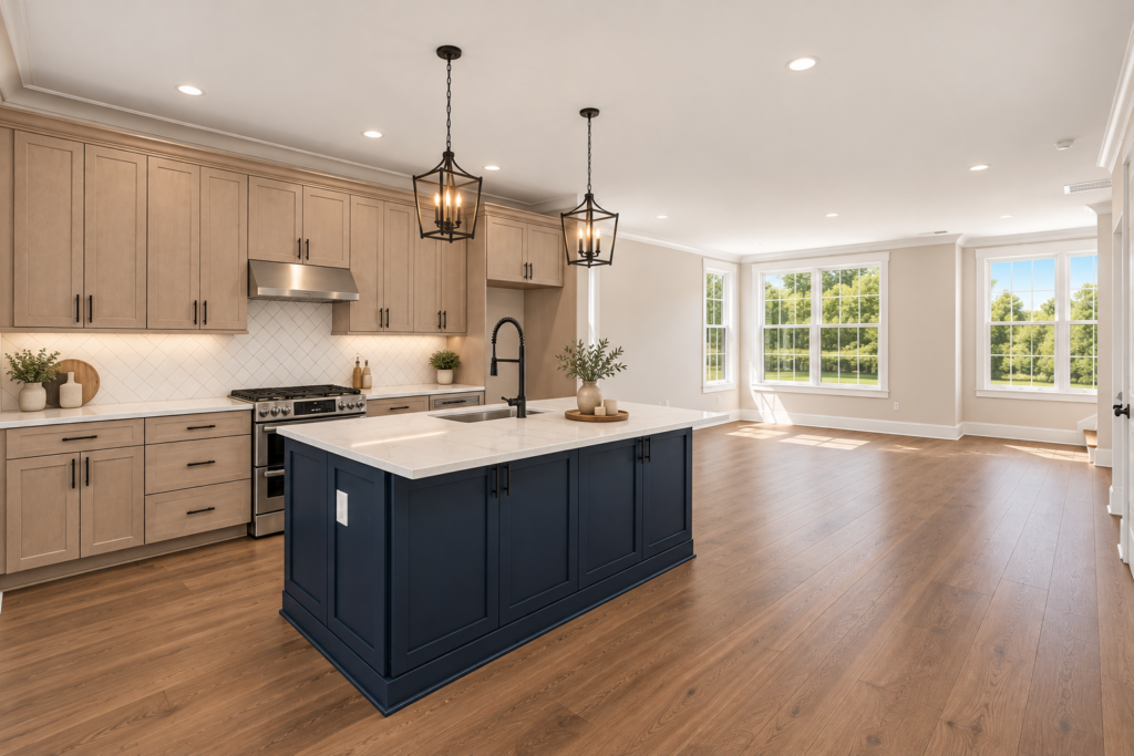 Kitchen with navy island and wood cabinets