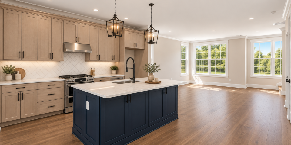 The Kitson kitchen with navy island and wood cabinets