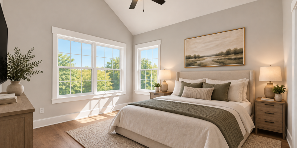 The Kitson bedroom with vaulted ceiling, virtually staged