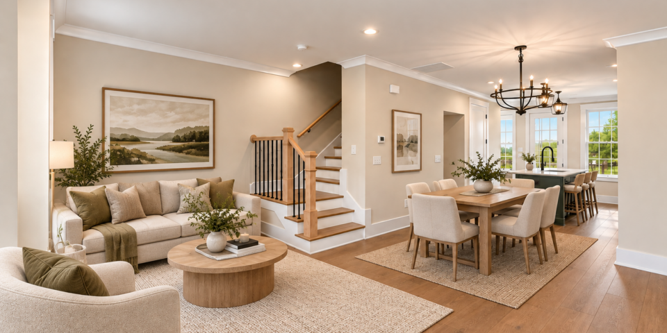 The Kitson living and dining area, virtually staged