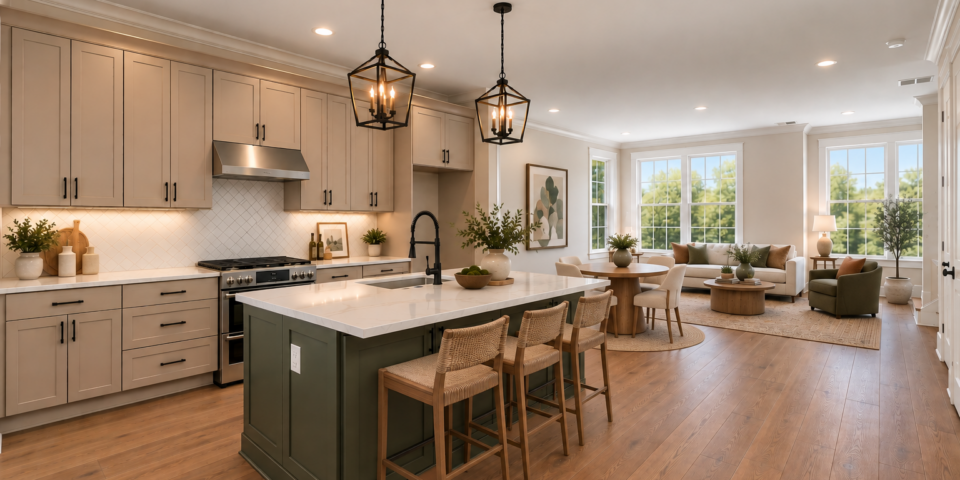 The Kitson kitchen with green island, virtually staged