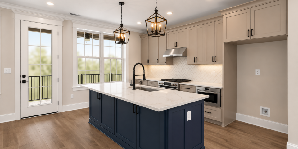 The Kitson kitchen with navy island and deck door
