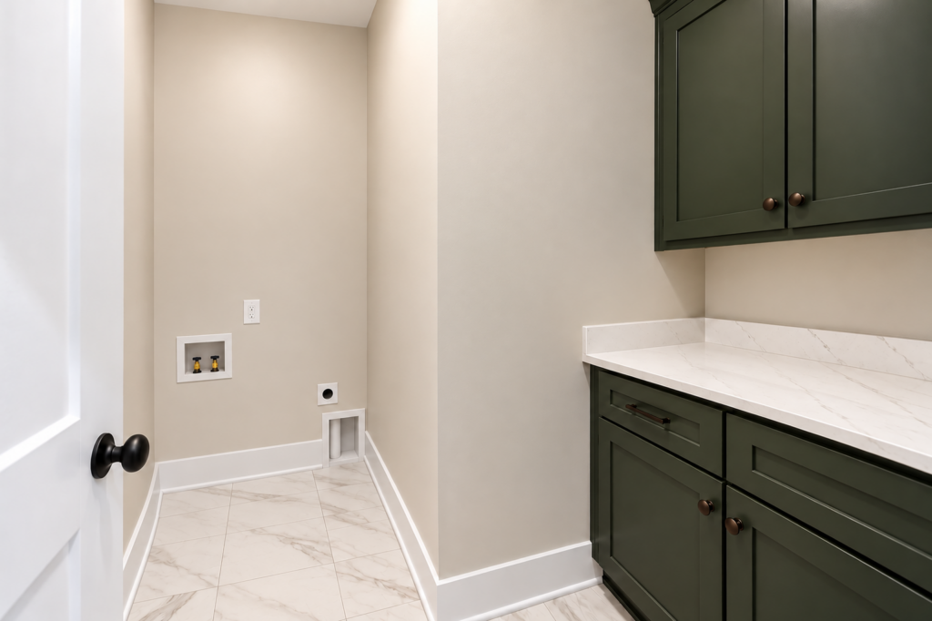 Laundry room with green cabinets