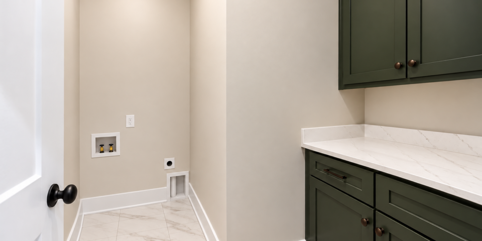 The Kitson laundry room with green cabinets