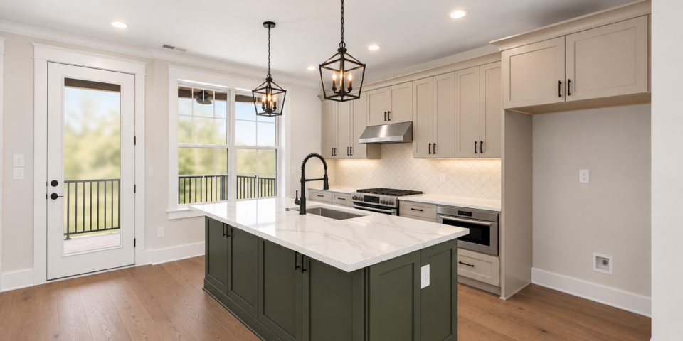 The Kitson kitchen with green island and deck door
