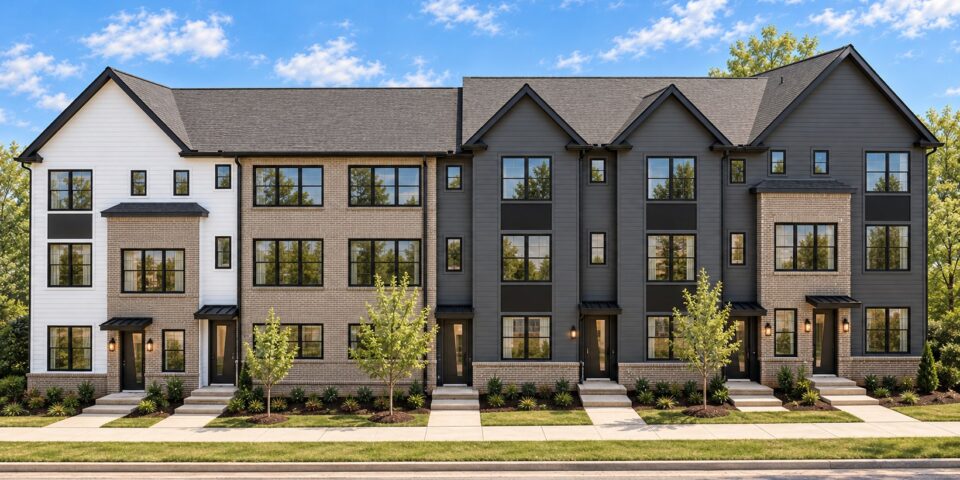 Front exterior rendering of The Kitson townhomes with white, brick and charcoal facades