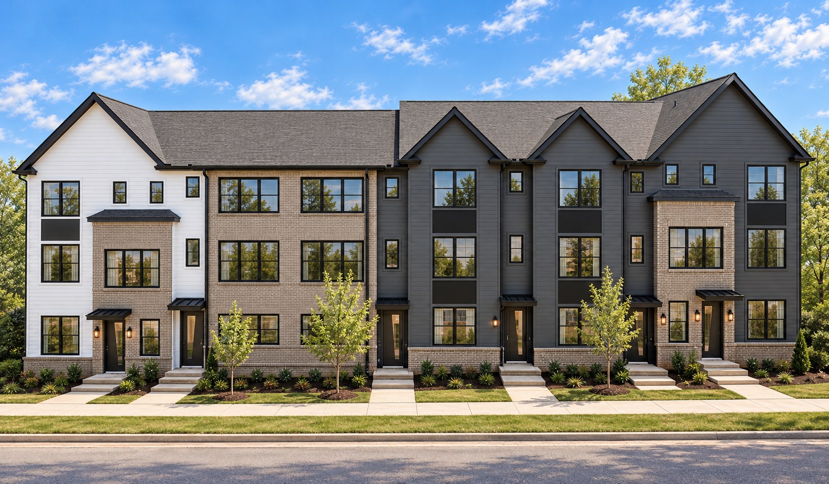 Front exterior rendering of The Kitson townhomes with white, brick and charcoal facades