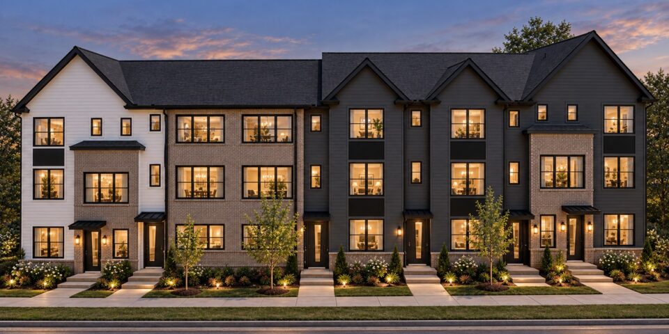 Front exterior rendering of The Kitson townhomes at twilight, Village of West Greenville
