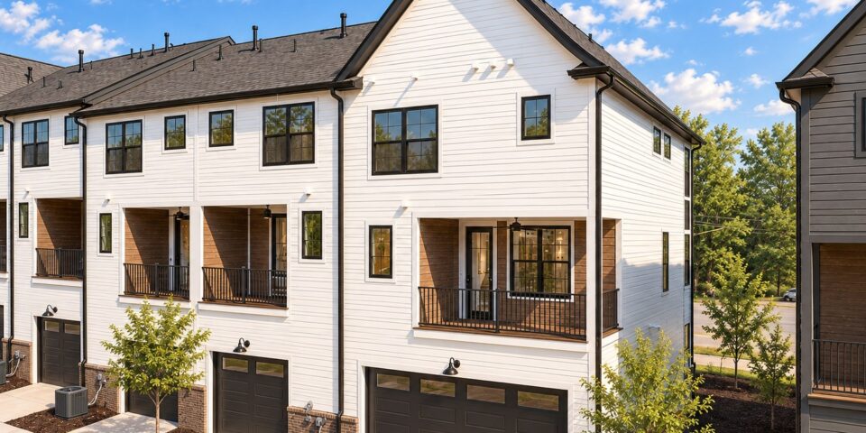 Rear exterior rendering of The Kitson townhomes showing attached garages and covered decks