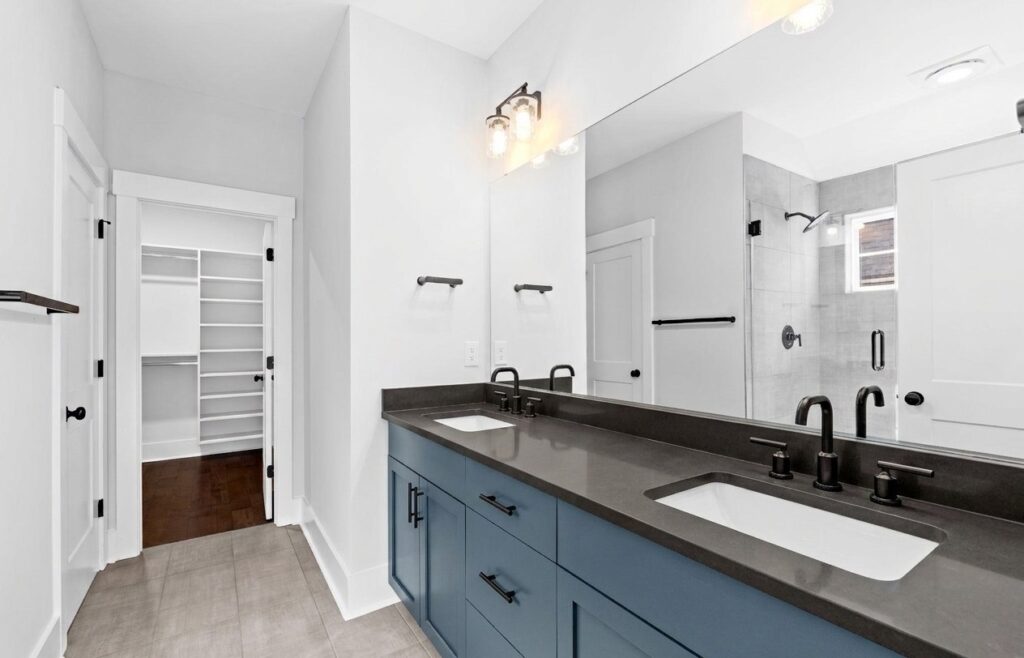 Blue vanity with charcoal quartz