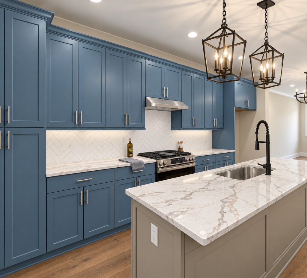 Kitchen with blue cabinets and taupe island