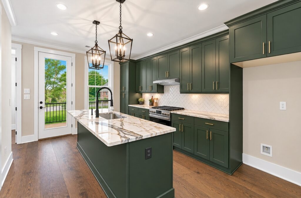 Kitchen with green cabinets, brass hardware and gold-veined quartz